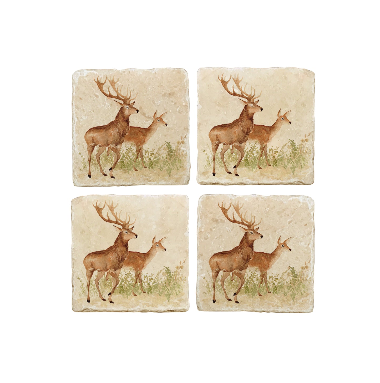 A set of four square marble coasters, featuring a watercolour design of a red deer stag and hind.