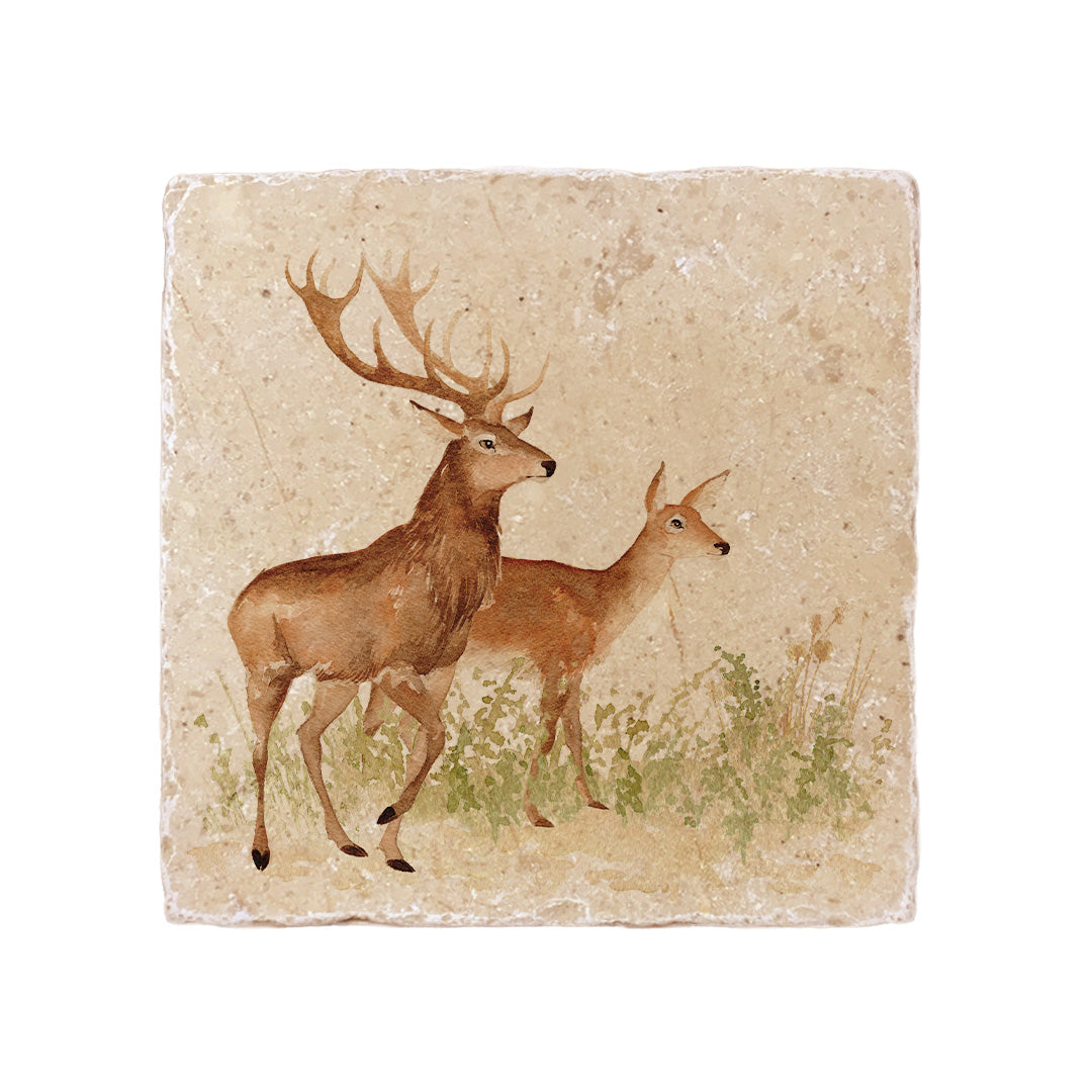 A medium square cream marble cheese board, featuring a watercolour design of a red deer stag and hind.