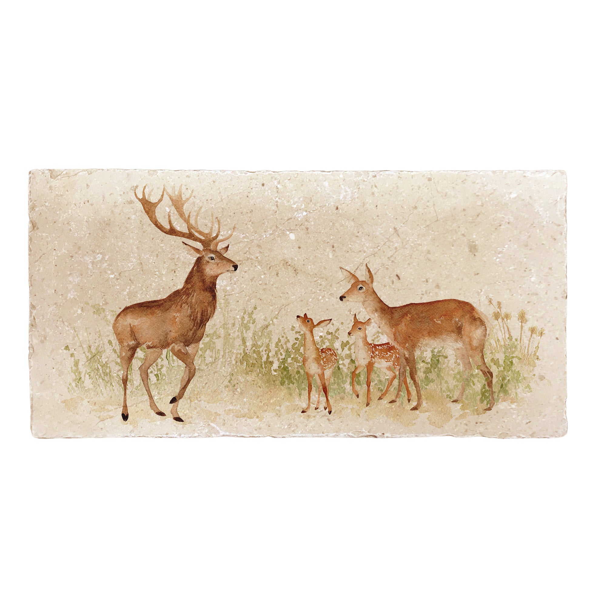 A rectangular cream marble sharing platter, featuring a watercolour design of a red deer family, including a stag, hind and two fawns.