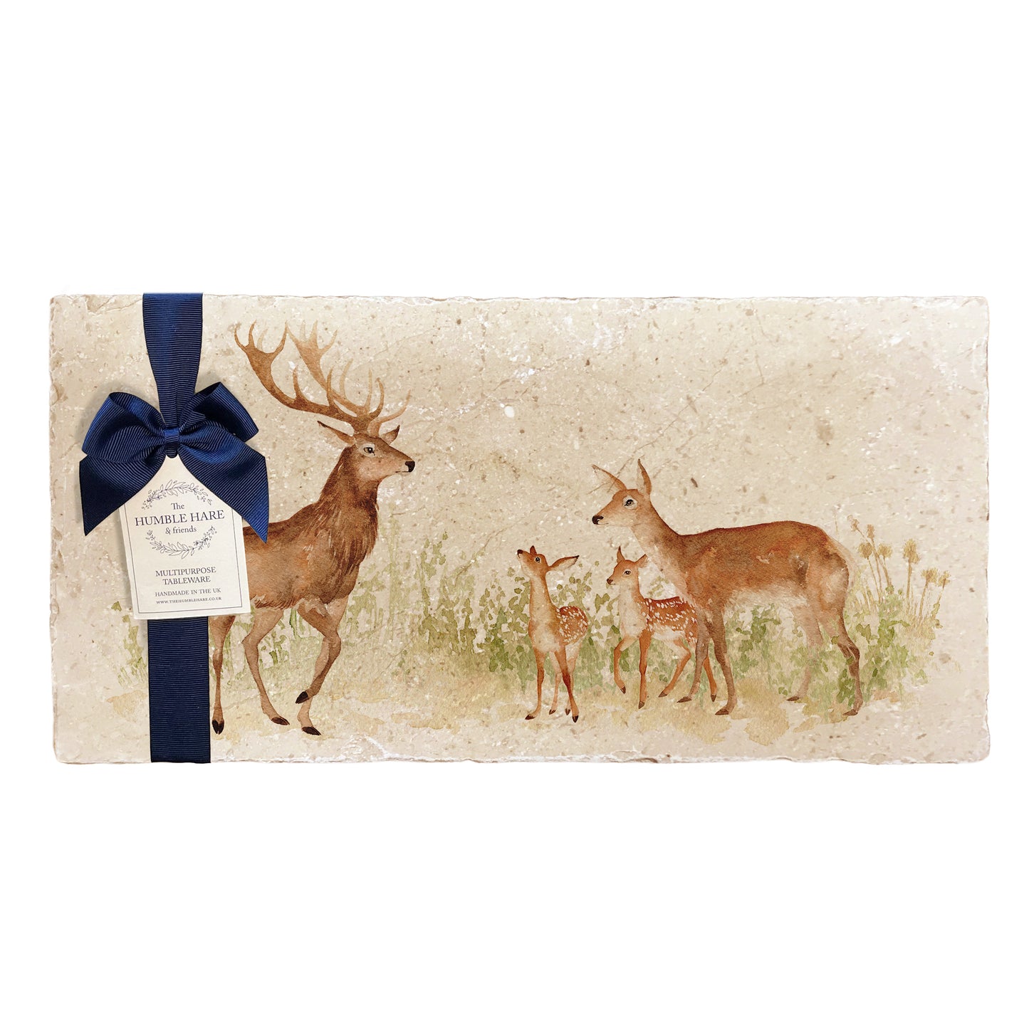 A multipurpose marble sharing platter with a red deer family design, packaged with a luxurious dark blue bow and branded gift tag.