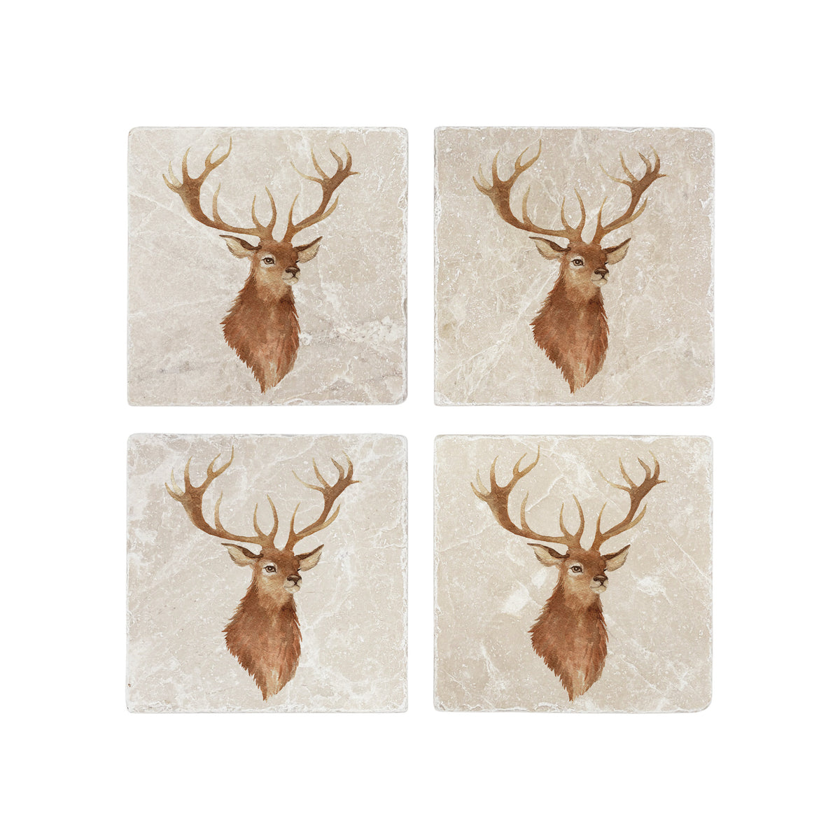 A set of four marble coasters with a watercolour illustration of a stag's head.