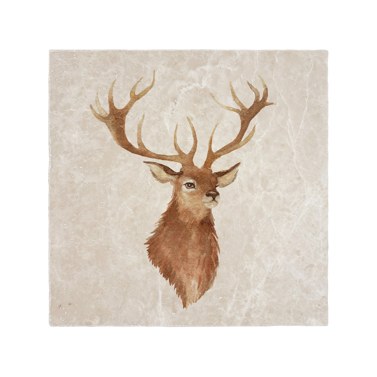 A large square marble platter featuring a watercolour portrait of a majestic stag.
