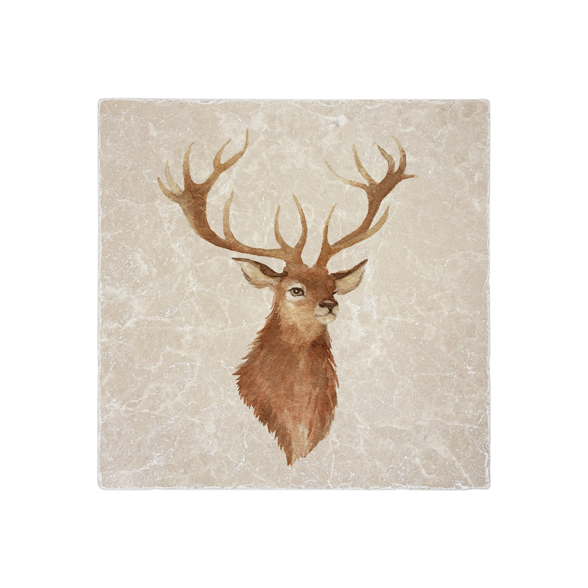 A square medium marble platter featuring a watercolour portrait of a majestic stag.