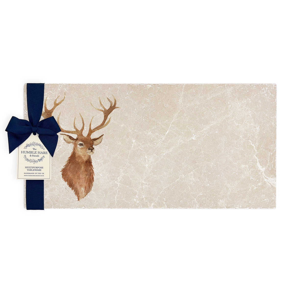 A marble sharing platter featuring a watercolour portrait of a majestic stag. A unique handmade gift, finished with a blue ribbon.