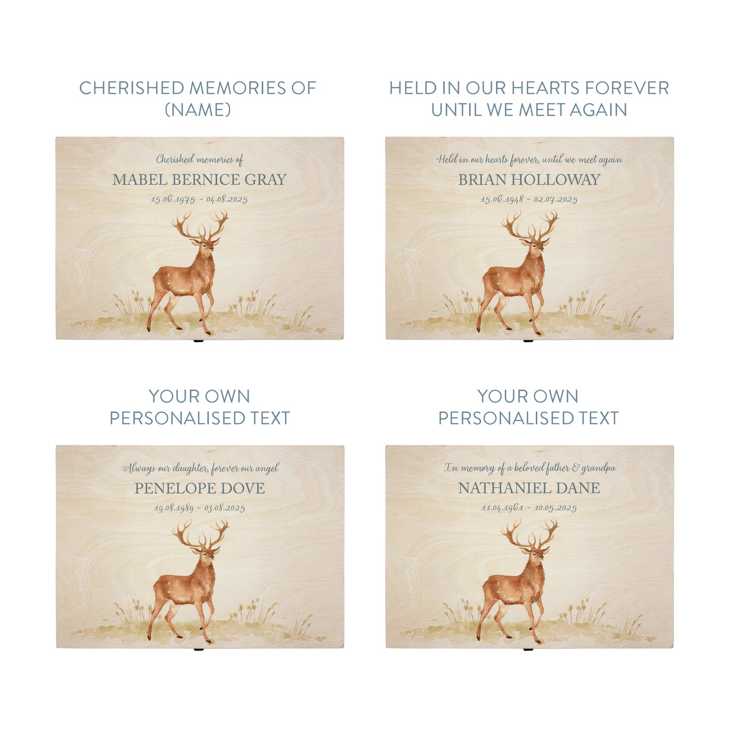 Wooden box with a lid featuring an illustration of a majestic Stag on a wooden background Perfect funeral memory keepsake box, for storing ashes, order of service, flowers, pictures.