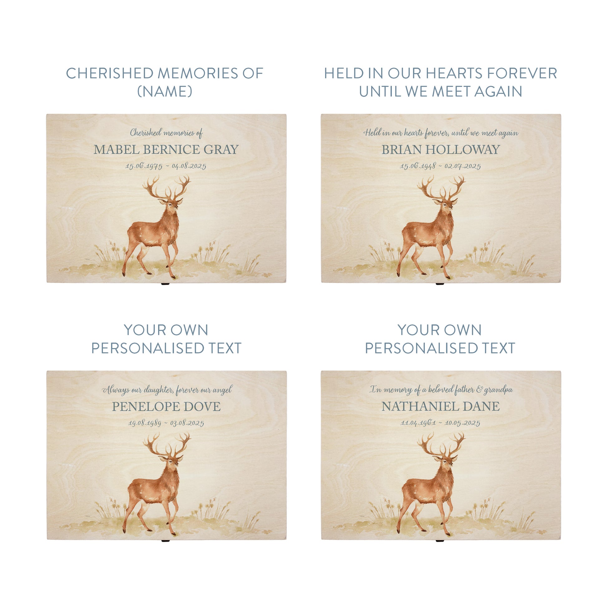 Wooden box with a lid featuring an illustration of a majestic Stag on a wooden background Perfect funeral memory keepsake box, for storing ashes, order of service, flowers, pictures.