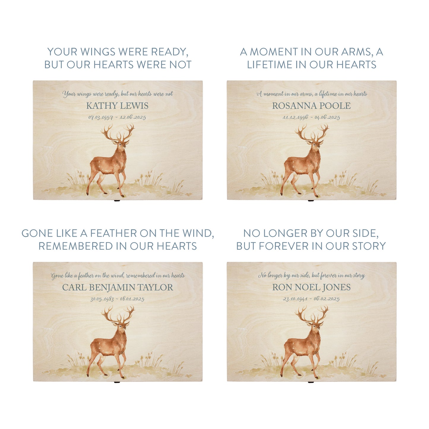 Wooden box with a lid featuring an illustration of a majestic Stag on a wooden background Perfect funeral memory keepsake box, for storing ashes, order of service, flowers, pictures.