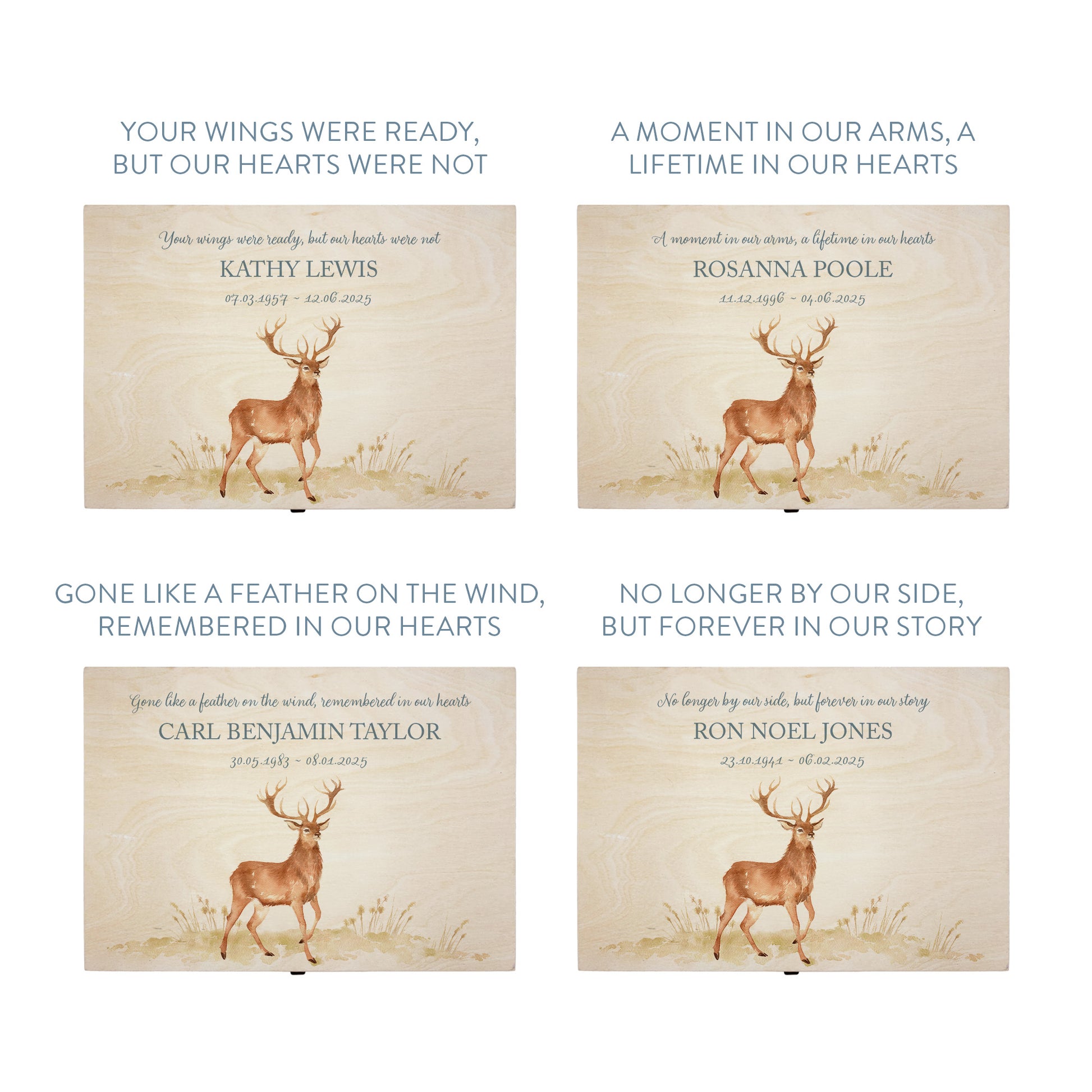 Wooden box with a lid featuring an illustration of a majestic Stag on a wooden background Perfect funeral memory keepsake box, for storing ashes, order of service, flowers, pictures.