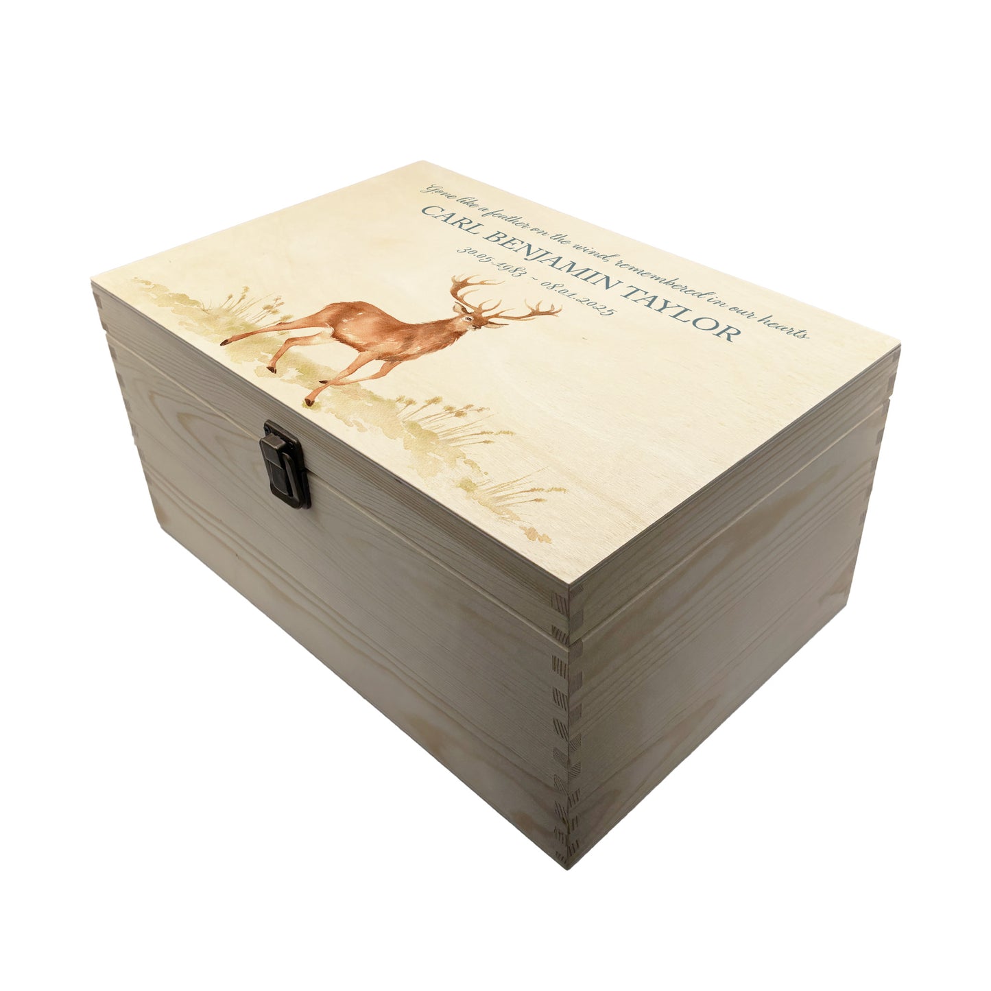 Wooden box with a lid featuring an illustration of a majestic Stag on a wooden background Perfect funeral memory keepsake box, for storing ashes, order of service, flowers, pictures.