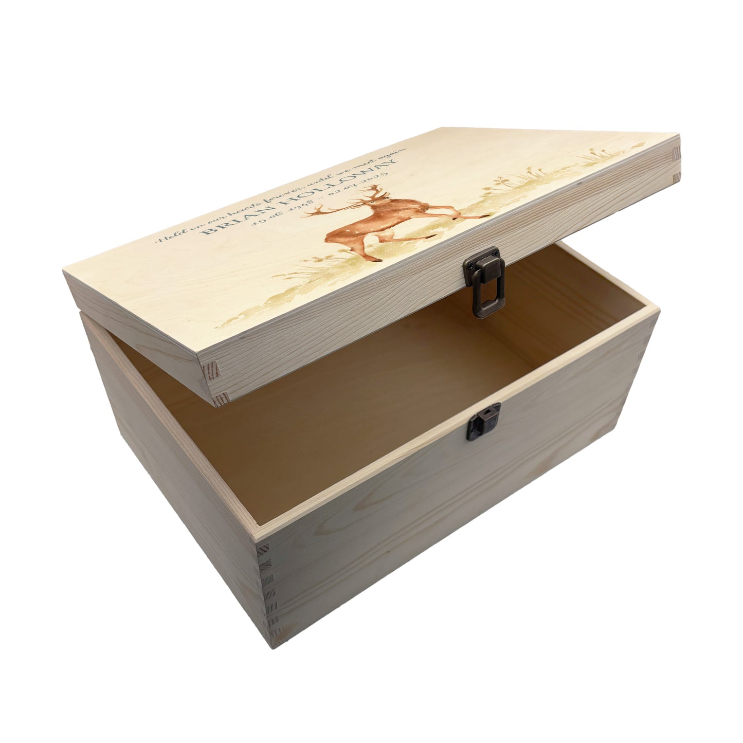 Wooden box with a lid featuring an illustration of a majestic Stag on a wooden background Perfect funeral memory keepsake box, for storing ashes, order of service, flowers, pictures. 