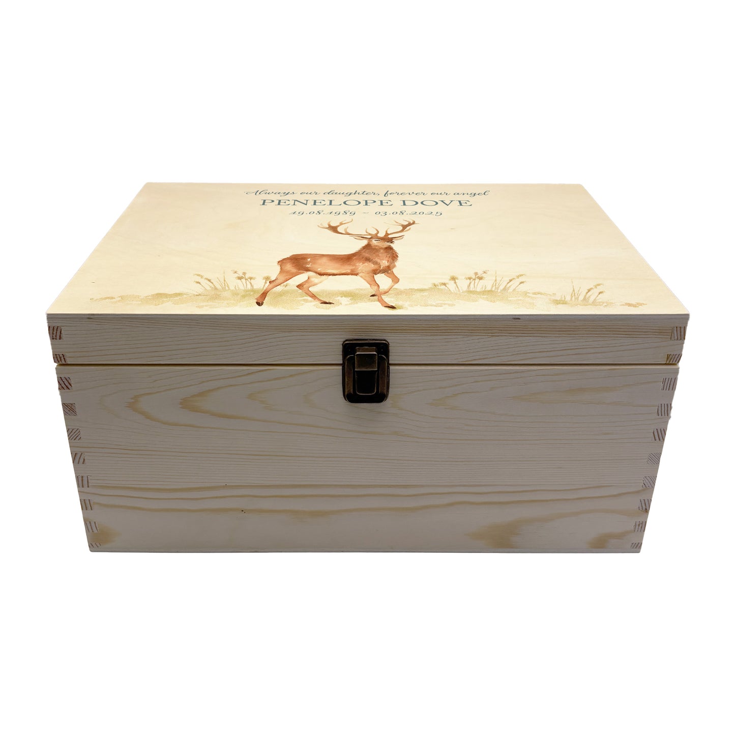 Wooden box with a lid featuring an illustration of a majestic Stag on a wooden background Perfect funeral memory keepsake box, for storing ashes, order of service, flowers, pictures.