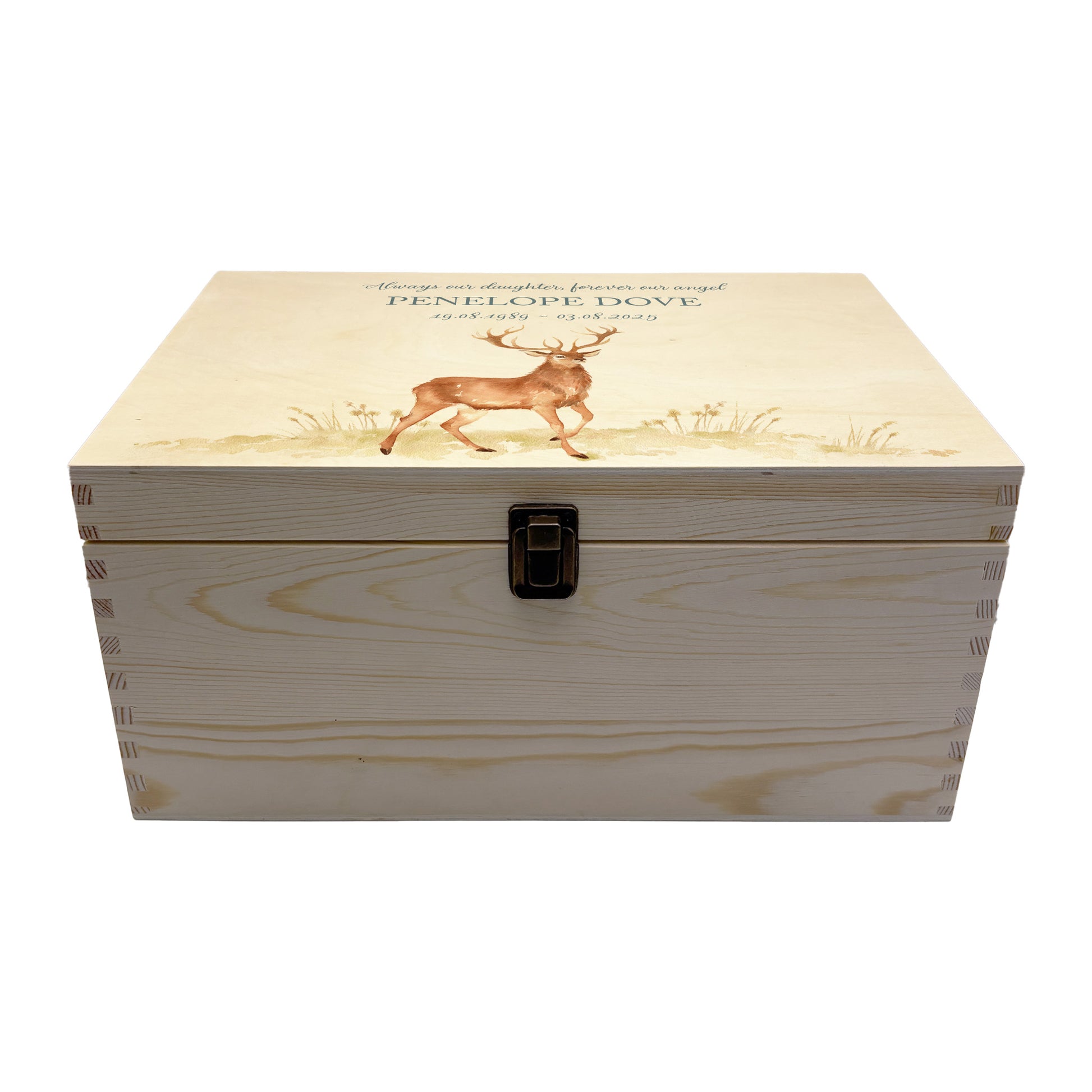 Wooden box with a lid featuring an illustration of a majestic Stag on a wooden background Perfect funeral memory keepsake box, for storing ashes, order of service, flowers, pictures.