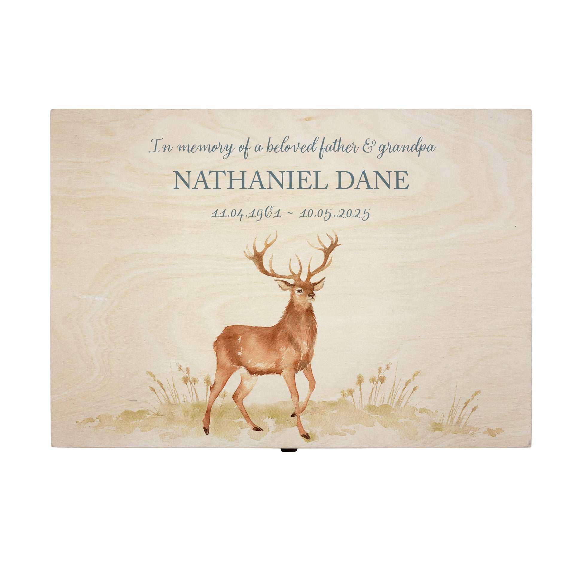 Wooden box with a lid featuring an illustration of a majestic Stag on a wooden background Perfect funeral memory keepsake box, for storing ashes, order of service, flowers, pictures.