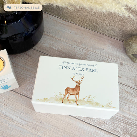 Luxury solid wooden white painted Urn with a majestic Stag, a watercolour illustration, our urns and Caskets for displaying or burying ashes. Customisable and can be personalised. Perfect funeral memory keepsake urn, for storing ashes for humans and pets. 