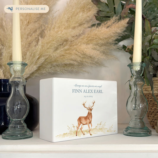 Luxury solid wooden white painted Majestic Stag watercolour illustration our urns and Caskets for displaying or burying ashes. Customisable and can be personalised. Perfect funeral memory keepsake urn, for storing ashes for humans and pets.
