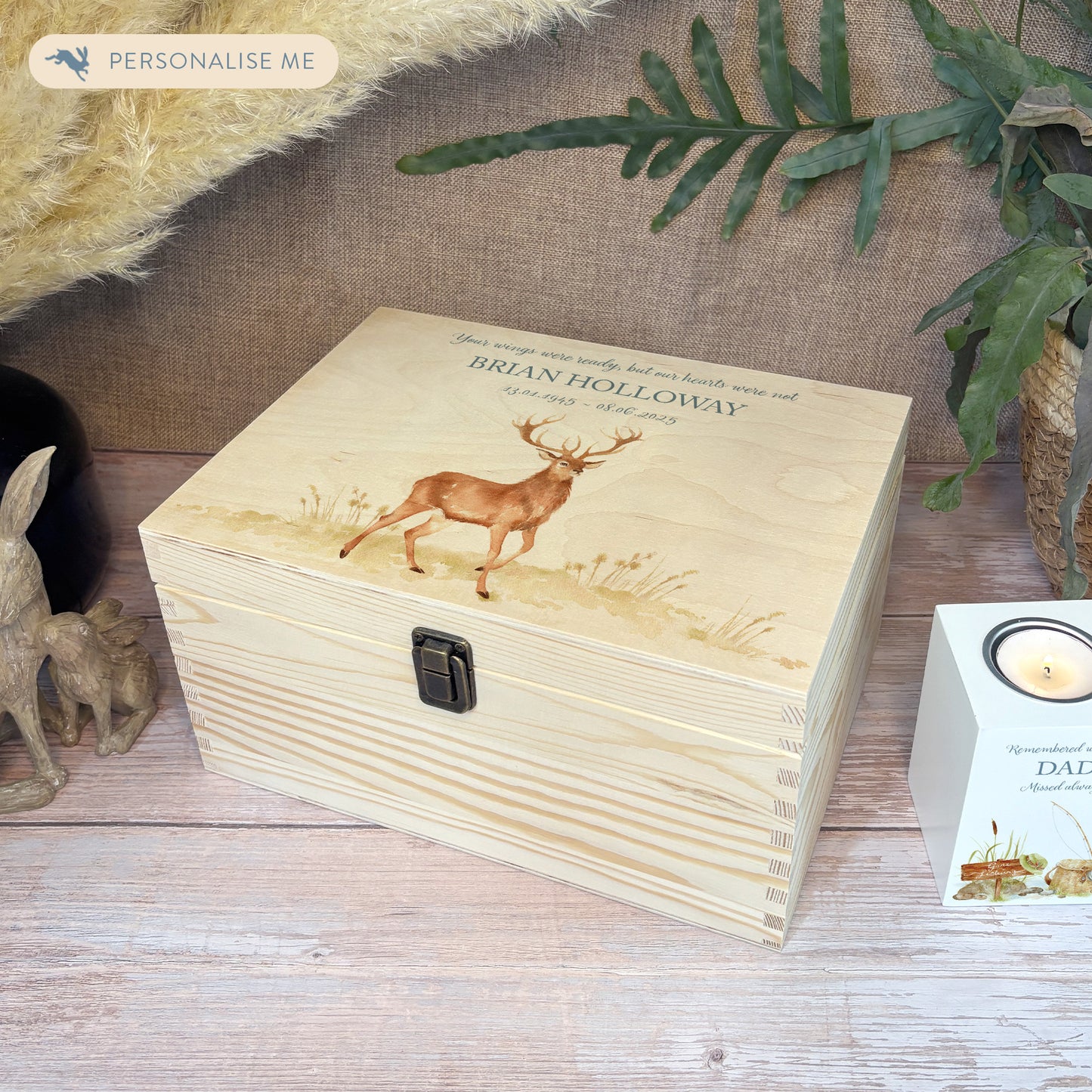 Wooden box with a lid featuring an illustration of a majestic Stag on a wooden background Perfect funeral memory keepsake box, for storing ashes, order of service, flowers, pictures. 