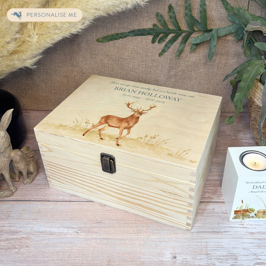 Wooden box with a lid featuring an illustration of a majestic Stag on a wooden background Perfect funeral memory keepsake box, for storing ashes, order of service, flowers, pictures. 