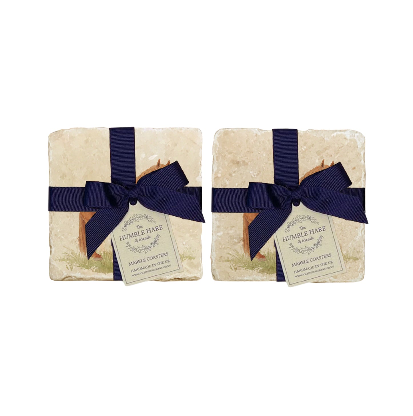 A set of 4 handmade marble coasters featuring a watercolour Suffolk Punch horse design, packaged in 2 pairs, with a luxurious blue bow and gift tag.