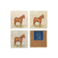 A set of 4 square marble coasters, featuring a watercolour design of a Suffolk Punch horse. One coaster is flipped to show that the coasters are backed with cork.