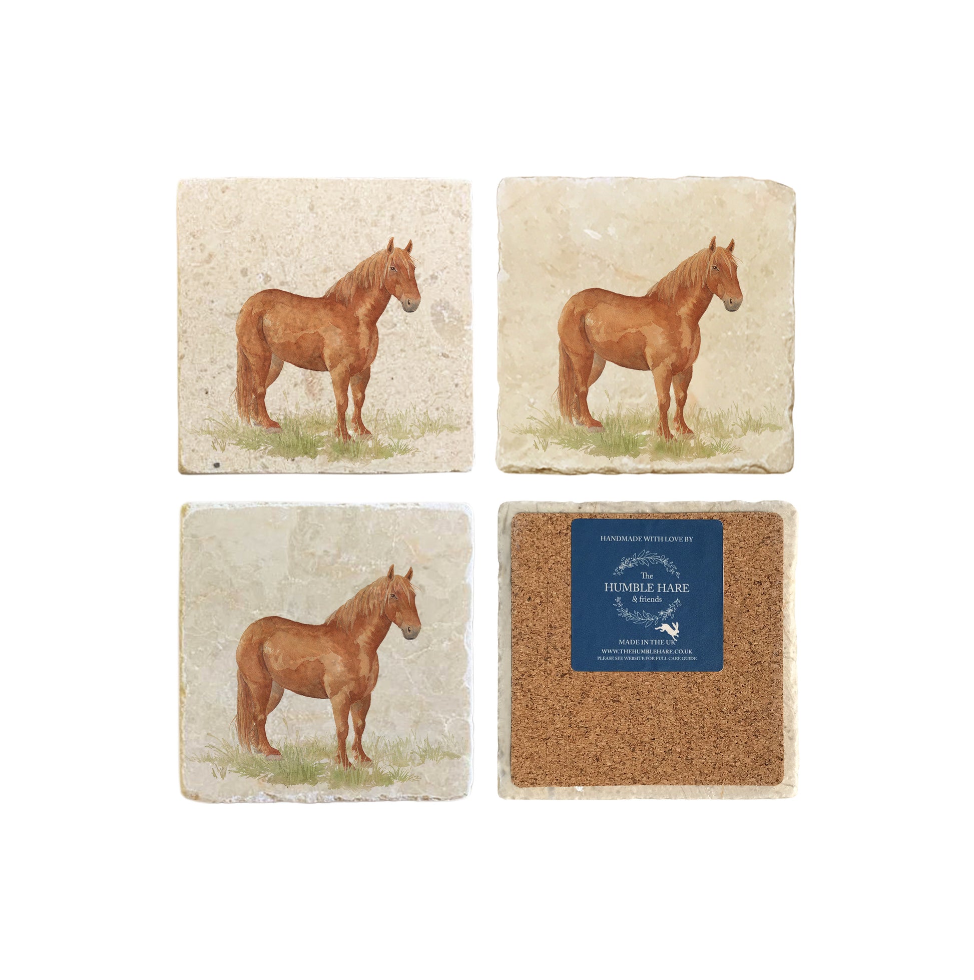 A set of 4 square marble coasters, featuring a watercolour design of a Suffolk Punch horse. One coaster is flipped to show that the coasters are backed with cork.