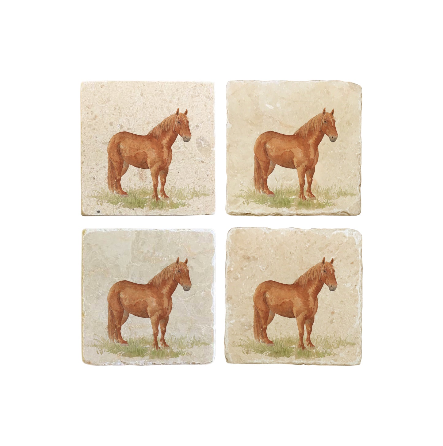 A set of 4 square marble coasters, featuring a watercolour design featuring a watercolour design of a rare breed Suffolk Punch horse in a grassy field.