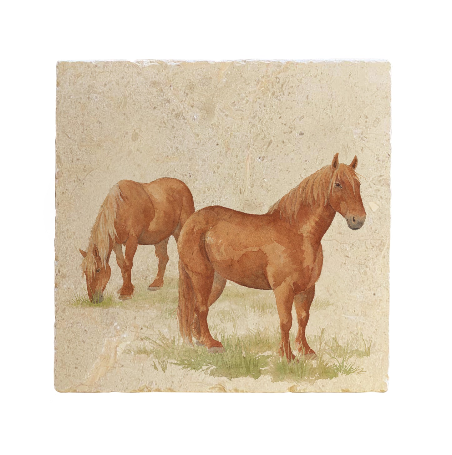 A large square multipurpose marble platter, featuring a watercolour design of two Suffolk Punch horses in a field.