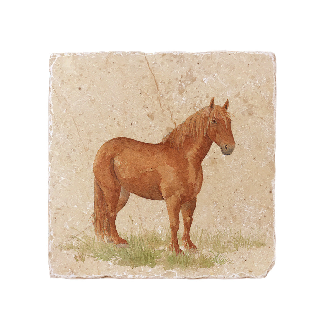 A medium square multipurpose marble platter, featuring a watercolour design of a rare breed Suffolk Punch horse in a grassy field.