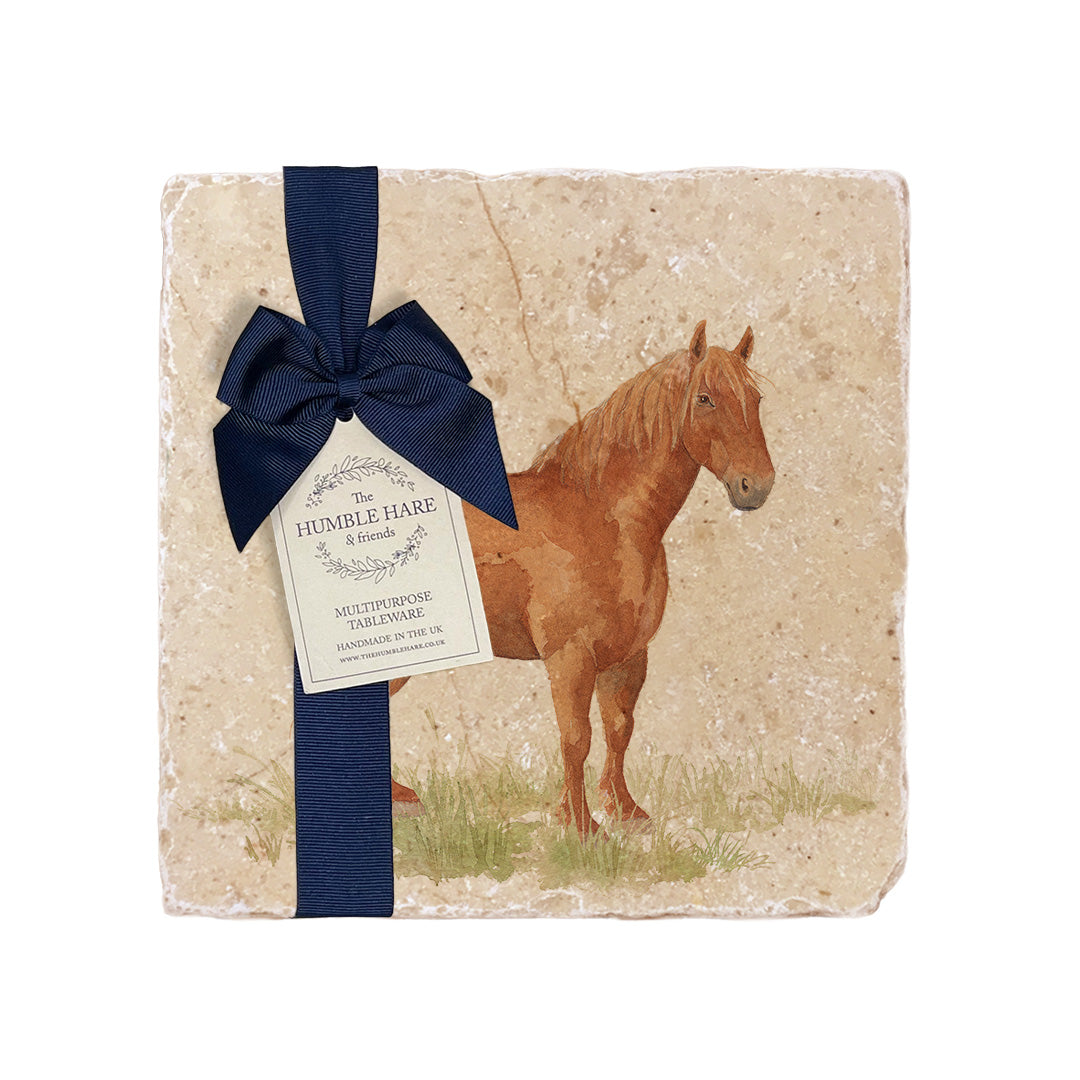 A medium multipurpose marble platter with a Suffolk Punch horse design, packaged with a luxurious dark blue bow and branded gift tag.