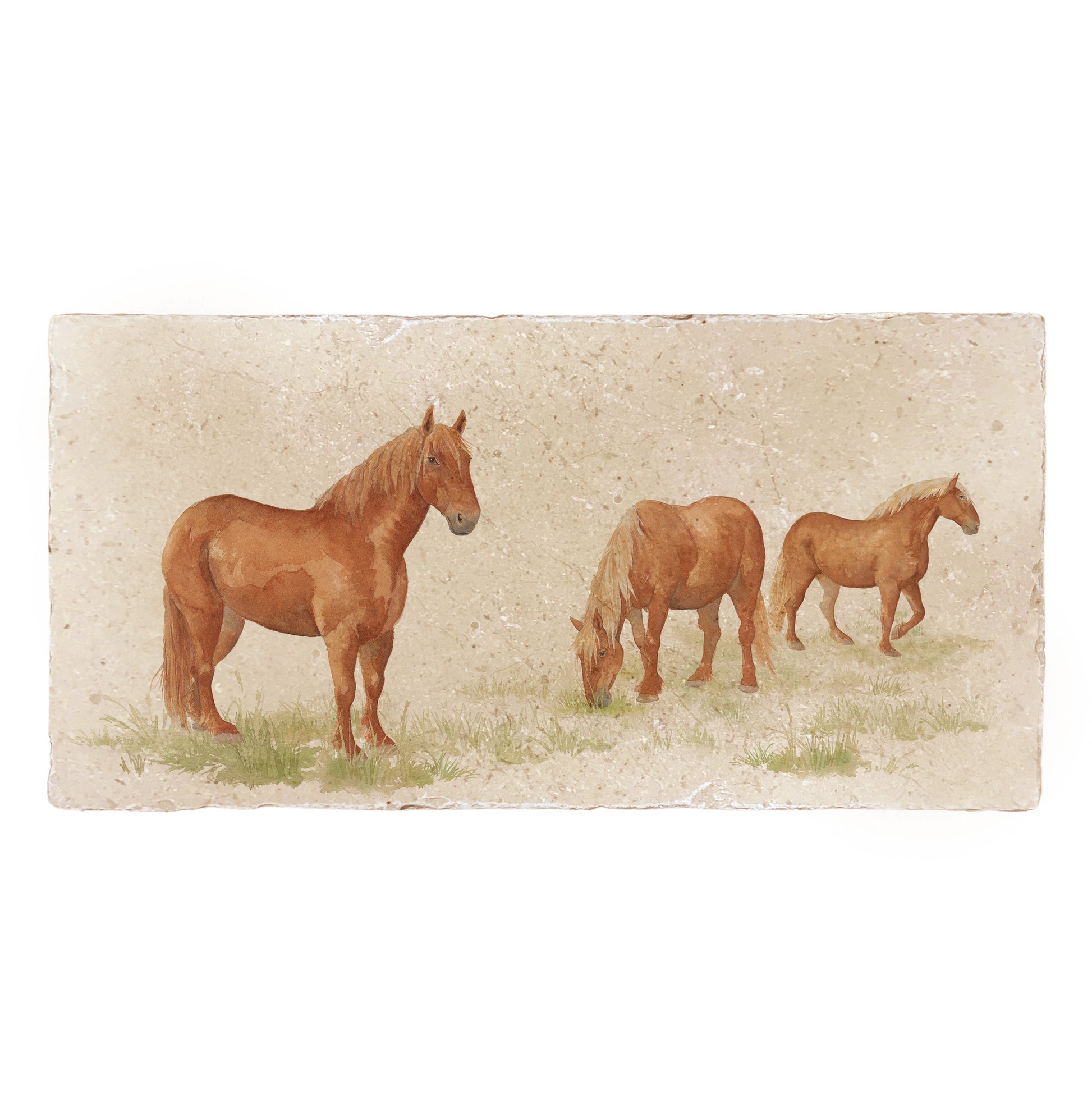 A 20x40cm marble splashback tile, featuring a watercolour design of Suffolk Punch horses in a field.