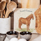 A rustic country dining table set with marble placemats and serving platters featuring a watercolour Suffolk Punch horse design, personalise with your name or favourite phrase.