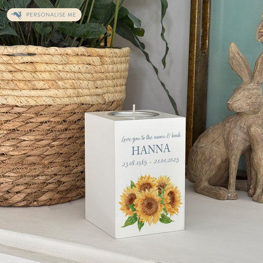 wooden cuboid luxury tealight holder with gorgeous personalised options . Each product is lovingly designed, handmade with our Countryside inspired watercolour designs. This design features a Sunflowers,  unique designs to remember a loved on, great for memorial occasions 