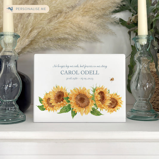 Luxury solid wooden white painted Sunflowers watercolour illustration our urns and Caskets for displaying or burying ashes. Customisable and can be personalised. Perfect funeral memory keepsake urn, for storing ashes for humans and pets.