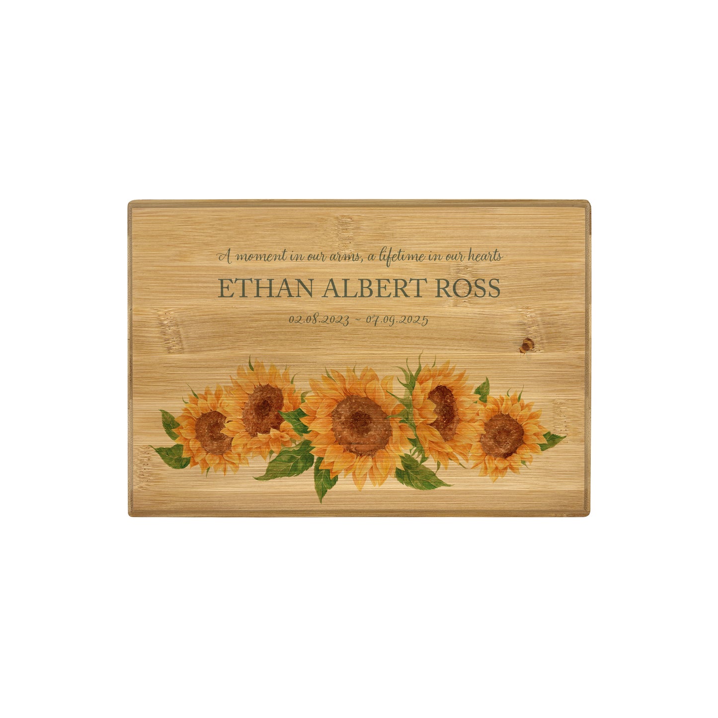 A beautifully crafted solid Bamboo wooden urn, personalised and finished with a soft watercolour design of Sunflowers and buzzy bees.  Thoughtfully made for either display or burial, this personalised urn can be customised to create a meaningful memorial. Perfect for holding ashes of a loved one or a beloved pet, it serves as a comforting tribute and keepsake. 