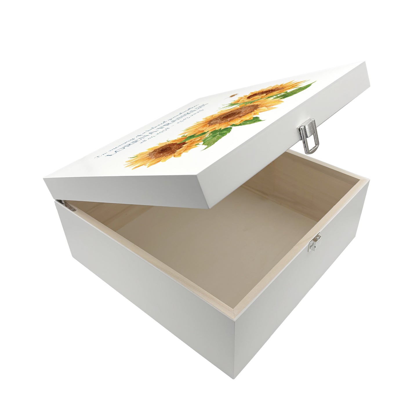 White Square personalised Wooden box with a decorative lid featuring illustrations of Sunflowers and a buzzy bee Perfect funeral memory keepsake box, for storing ashes, order of service, flowers and capturing your loved ones things in one place.