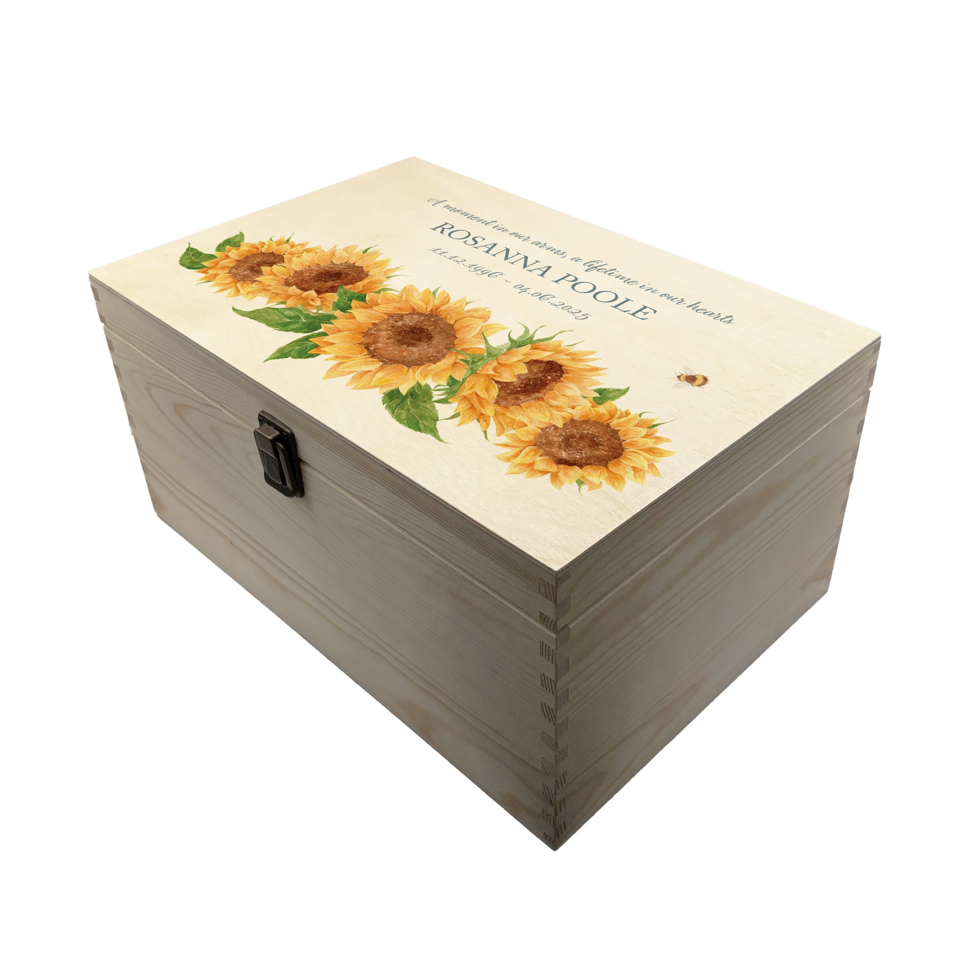 Wooden box with a lid featuring an illustration with sunflowers Perfect funeral memory keepsake box, for storing ashes, order of service, flowers, pictures. 