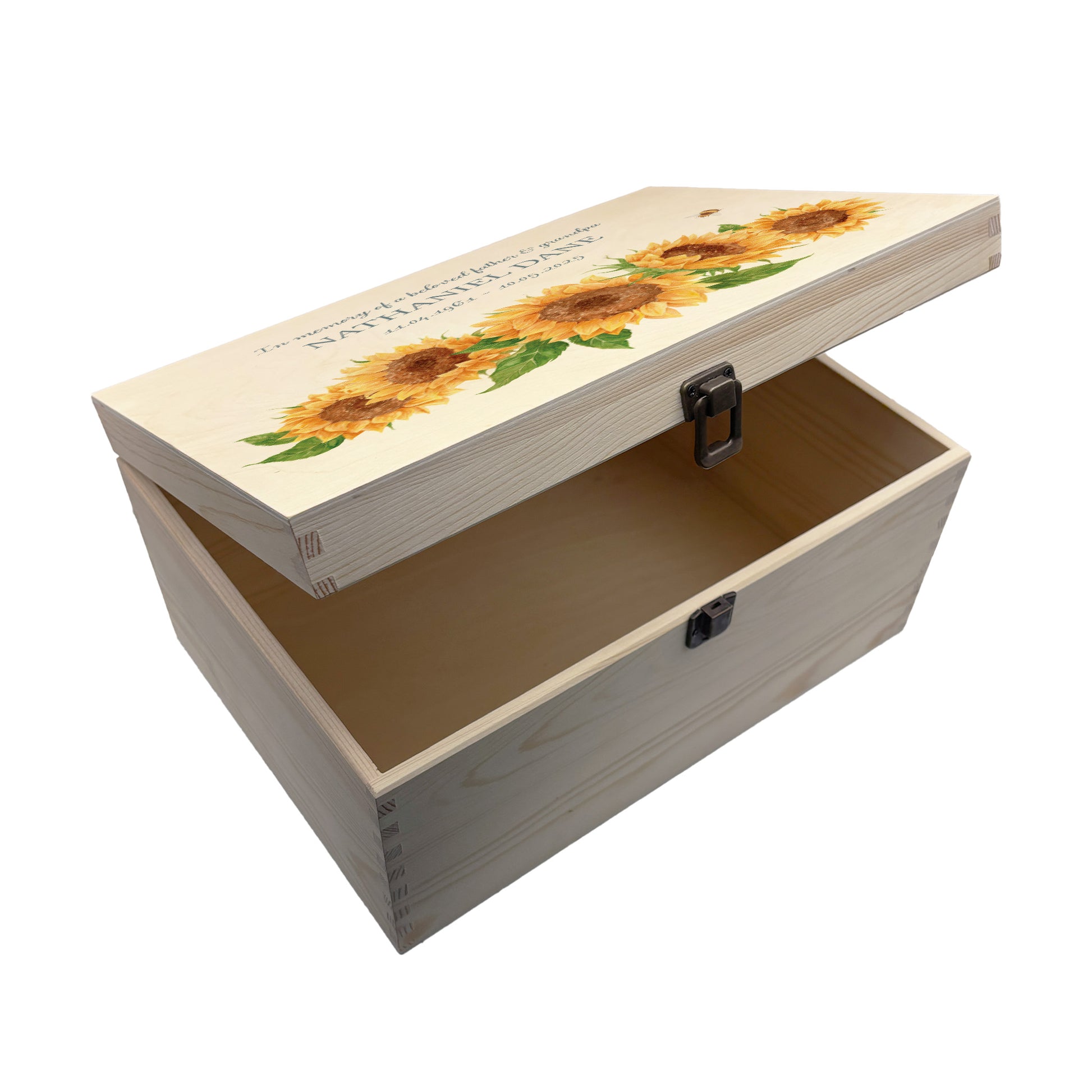 Wooden box with a lid featuring an illustration with sunflowers Perfect funeral memory keepsake box, for storing ashes, order of service, flowers, pictures. 
