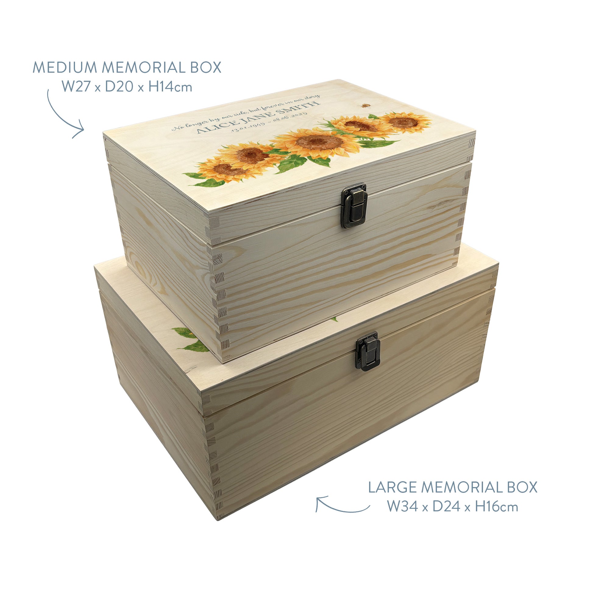 Wooden box with a lid featuring an illustration with sunflowers Perfect funeral memory keepsake box, for storing ashes, order of service, flowers, pictures. 
