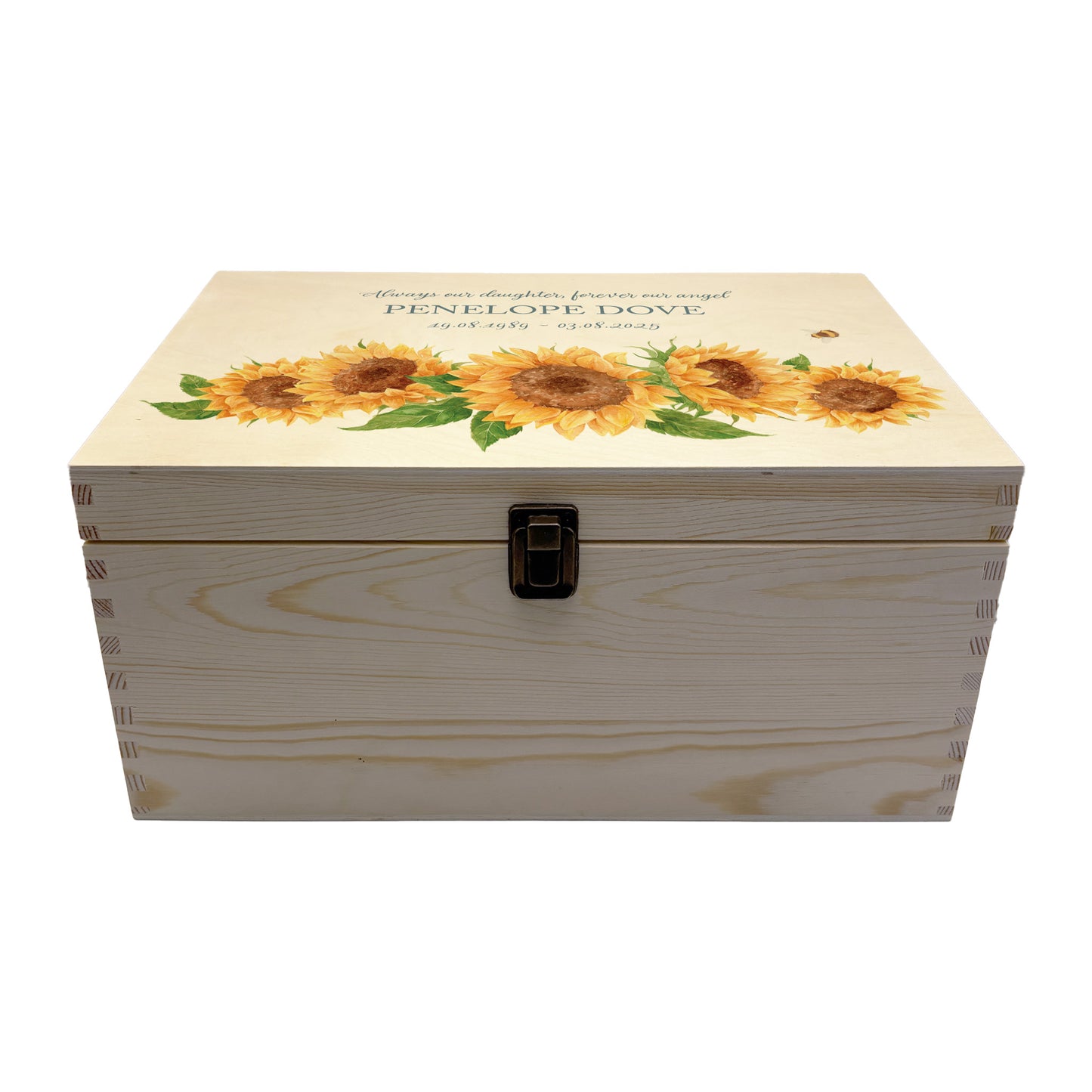 Wooden box with a lid featuring an illustration with sunflowers Perfect funeral memory keepsake box, for storing ashes, order of service, flowers, pictures. 