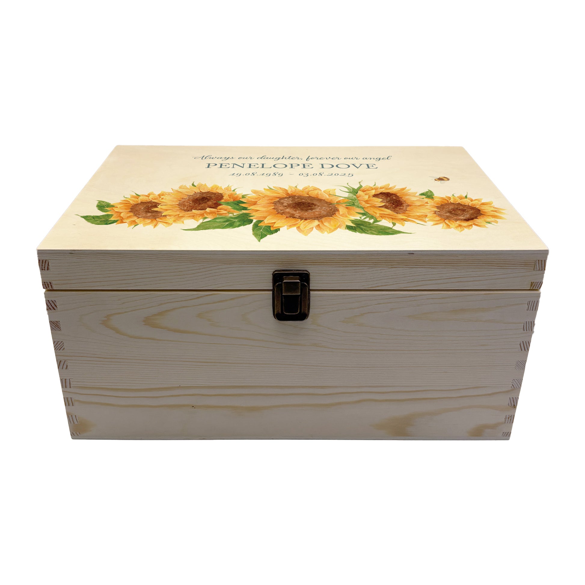 Wooden box with a lid featuring an illustration with sunflowers Perfect funeral memory keepsake box, for storing ashes, order of service, flowers, pictures. 