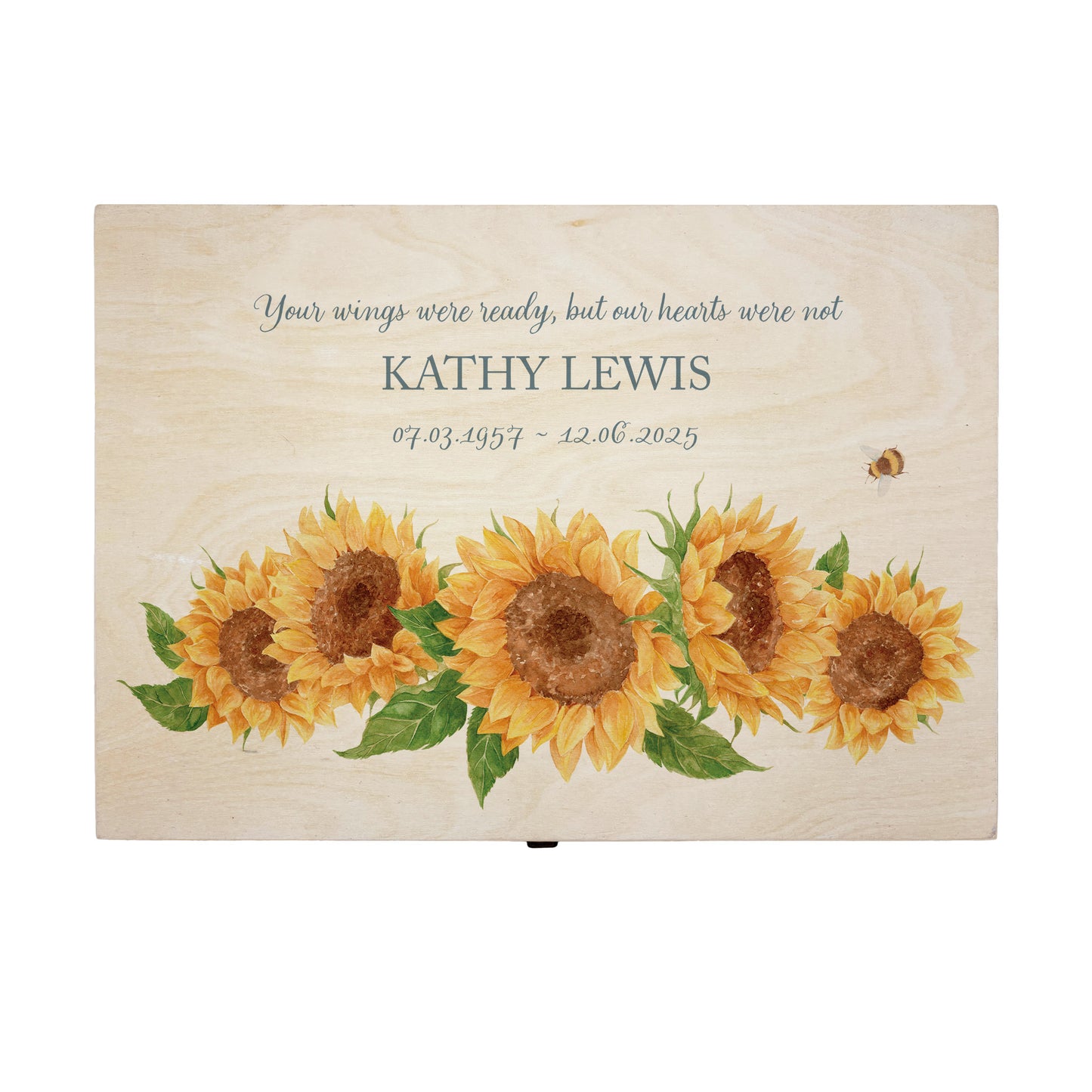 Wooden box with a lid featuring an illustration with sunflowers Perfect funeral memory keepsake box, for storing ashes, order of service, flowers, pictures. 
