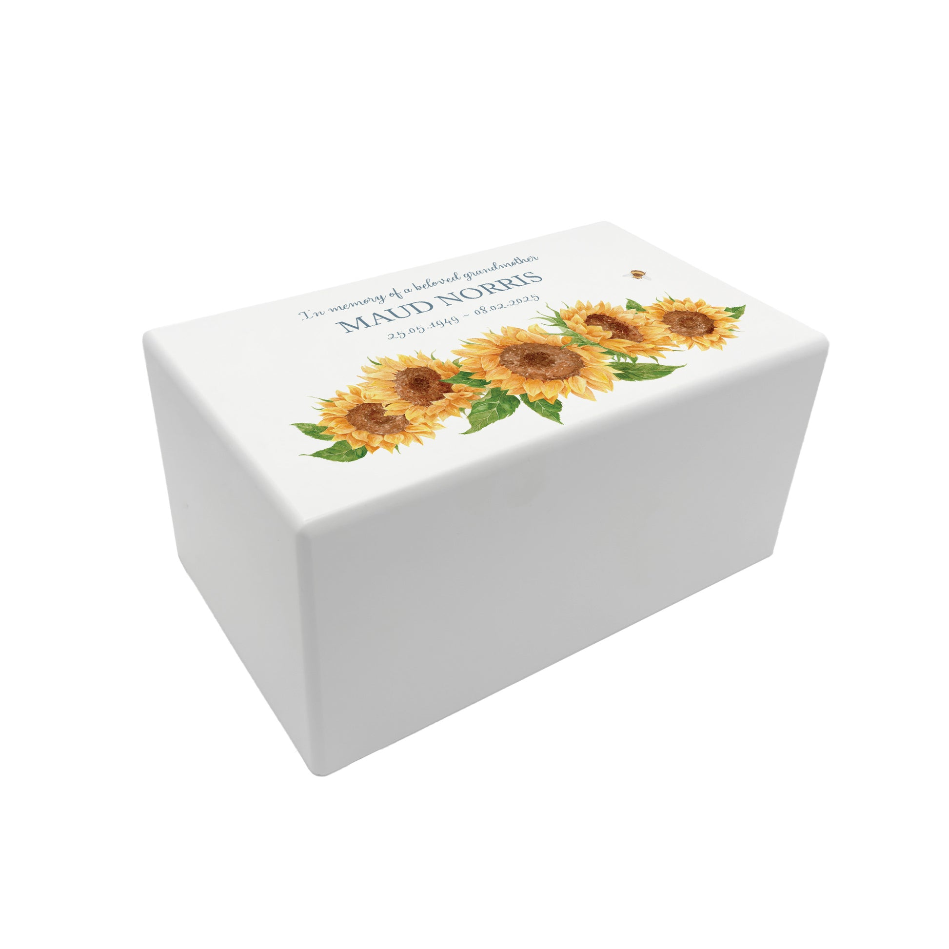 Luxury solid wooden white painted Urn with Sunflowers, a watercolour illustration, our urns and Caskets for displaying or burying ashes. Customisable and can be personalised. Perfect funeral memory keepsake urn, for storing ashes for humans and pets. 