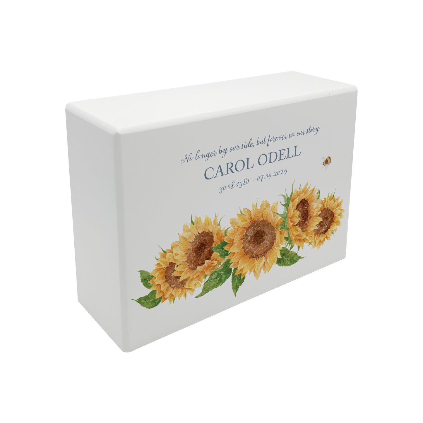 Luxury solid wooden white painted Sunflowers watercolour illustration our urns and Caskets for displaying or burying ashes. Customisable and can be personalised. Perfect funeral memory keepsake urn, for storing ashes for humans and pets.