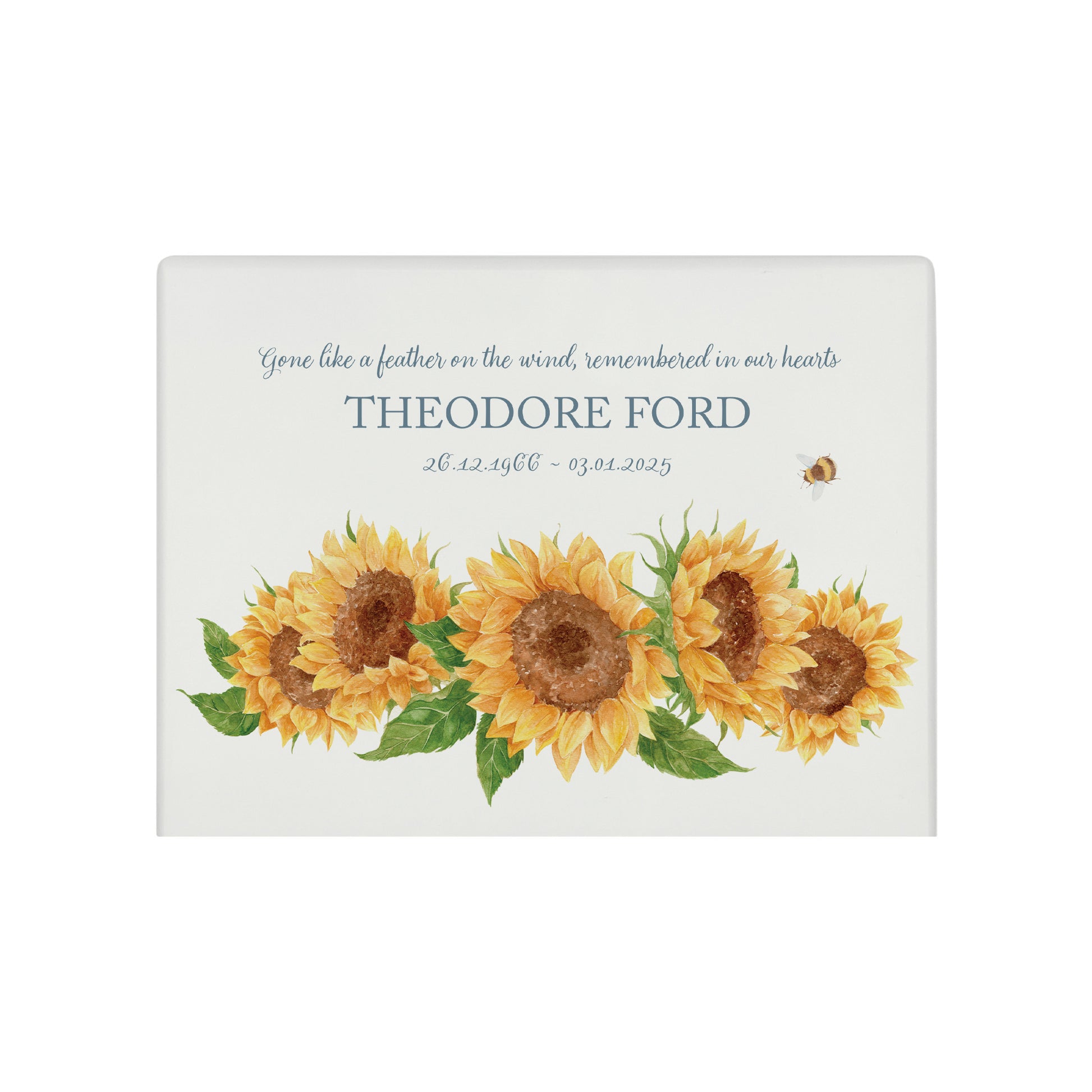 Luxury solid wooden white painted Sunflowers watercolour illustration our urns and Caskets for displaying or burying ashes. Customisable and can be personalised. Perfect funeral memory keepsake urn, for storing ashes for humans and pets.
