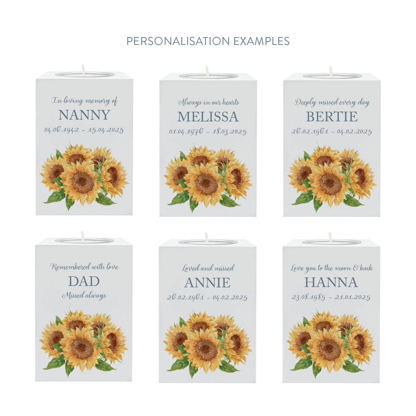 wooden cuboid luxury tealight holder with gorgeous personalised options . Each product is lovingly designed, handmade with our Countryside inspired watercolour designs. This design features a Sunflowers,  unique designs to remember a loved on, great for memorial occasions 