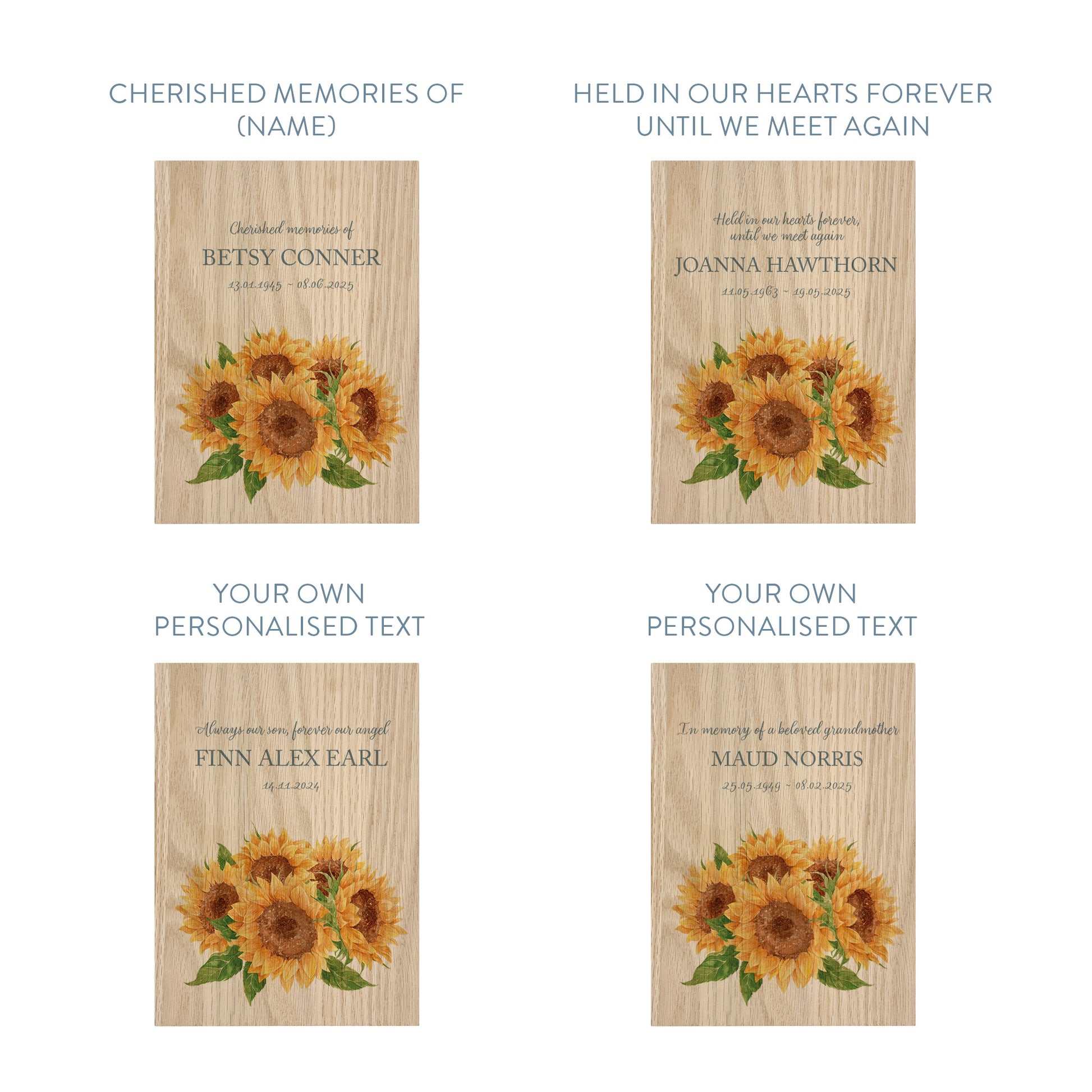 Memorial Solid Oak Photo Frame, personalise with your own message or select from our drop down selection. handmade watercolour paintings, this design features a bunch of sunflowers