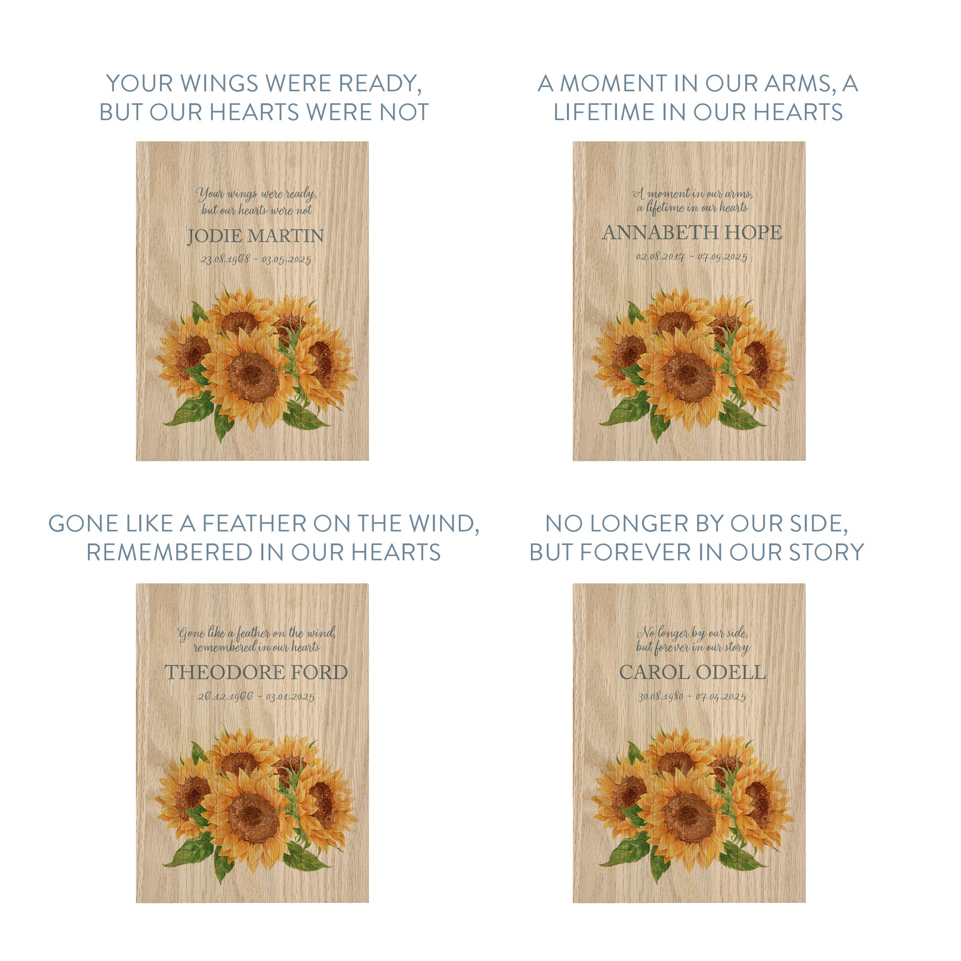 Memorial Solid Oak Photo Frame, personalise with your own message or select from our drop down selection. handmade watercolour paintings, this design features a bunch of sunflowers