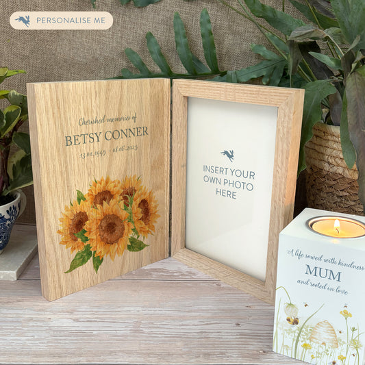 Memorial Solid Oak Photo Frame, personalise with your own message or select from our drop down selection. handmade watercolour paintings, this design features a bunch of sunflowers