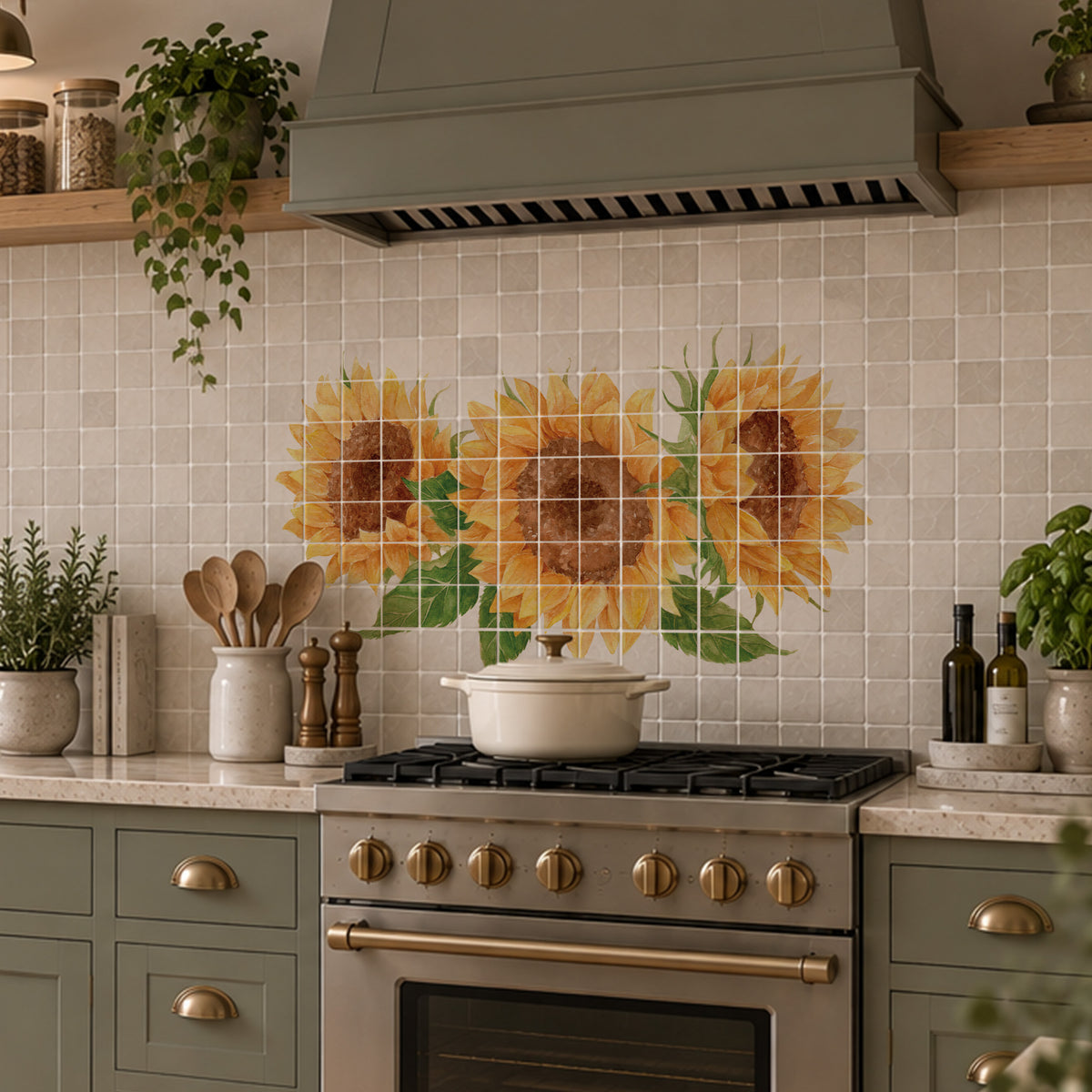 Hand-finished marble mural inspired by the English rural landscape featuring Sunflowers