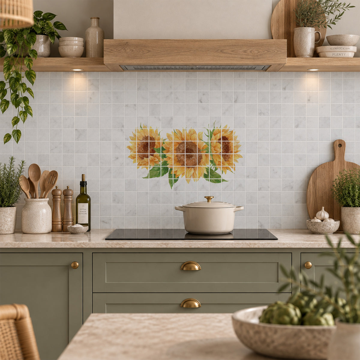 Hand-finished marble mural inspired by the English rural landscape featuring Sunflowers