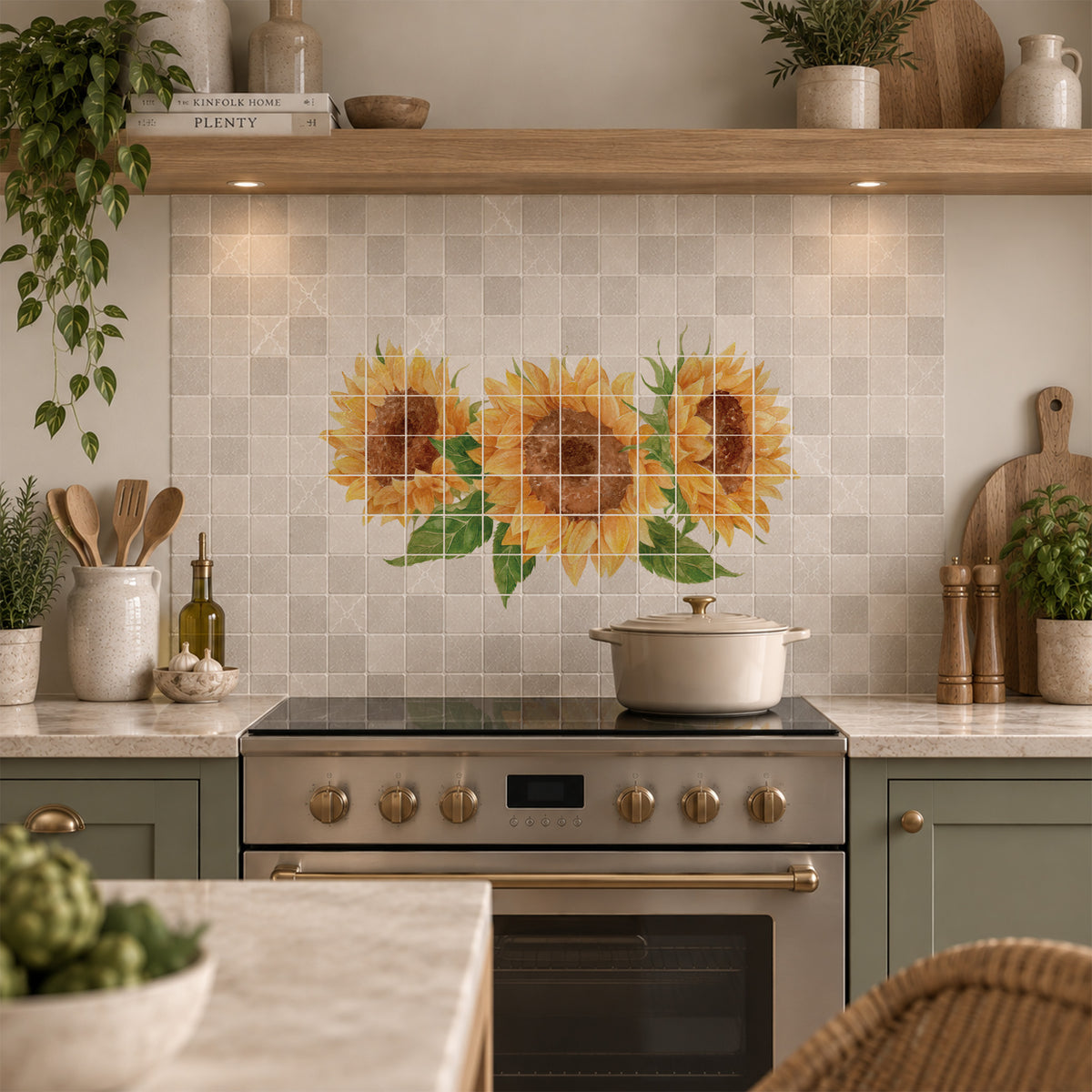 Hand-finished marble mural inspired by the English rural landscape featuring Sunflowers